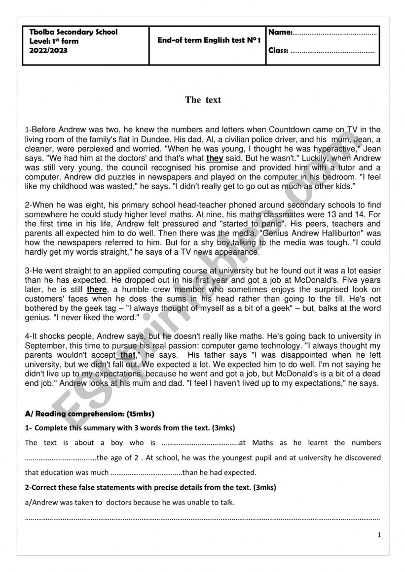 End -Term Test N°1 - ESL worksheet by Ben Abdallah Aya