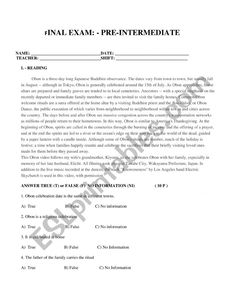 INTERMEDIATE FINAL EXAM worksheet