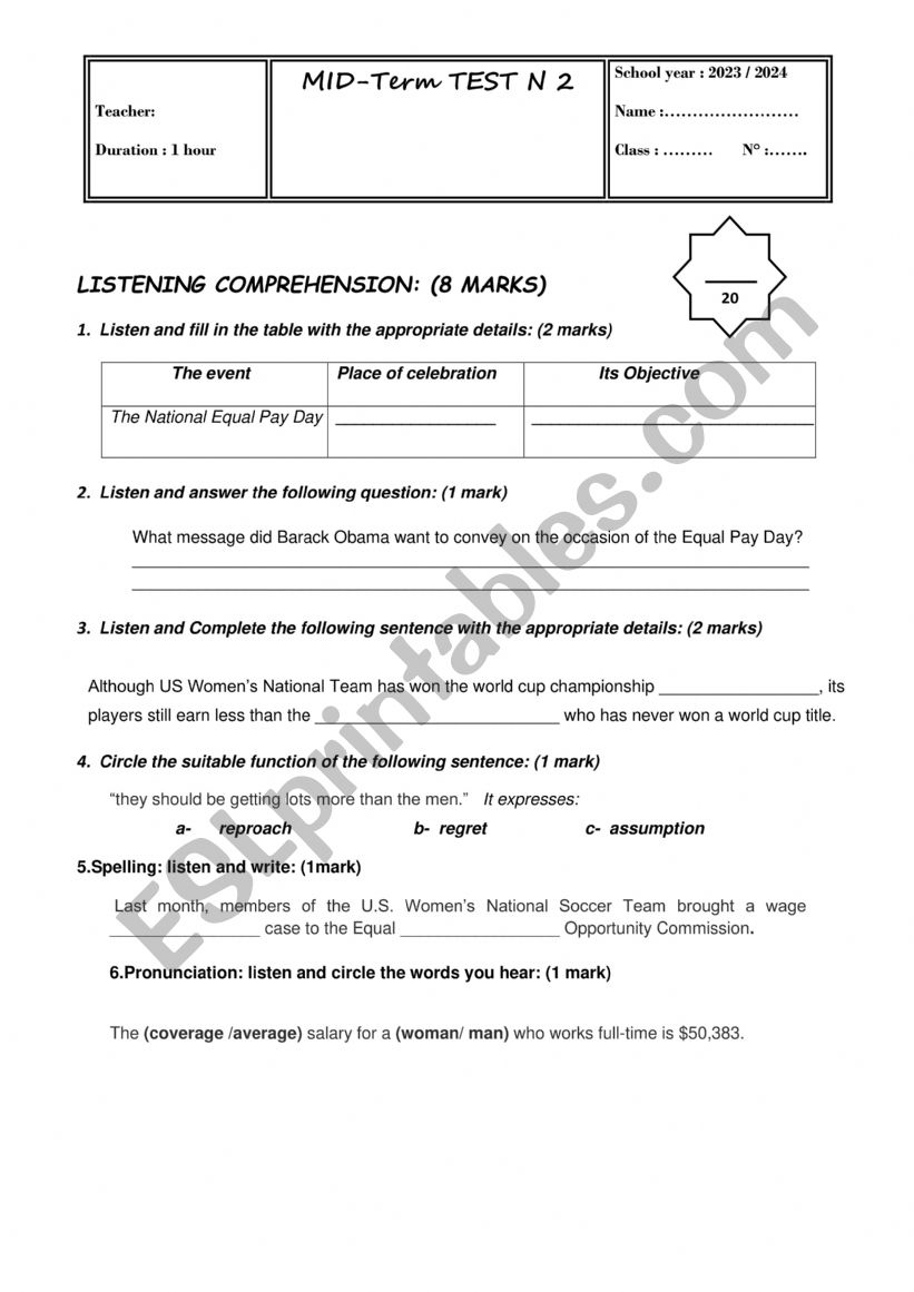 2nd form mid term test 2 worksheet