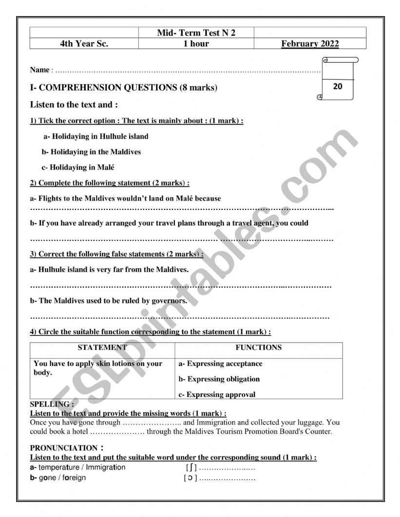 4th Sc Year Mid-Term 2  worksheet