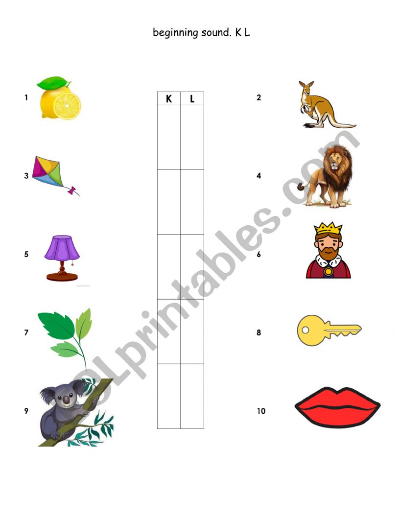 BEGINNING SOUND K & L worksheet