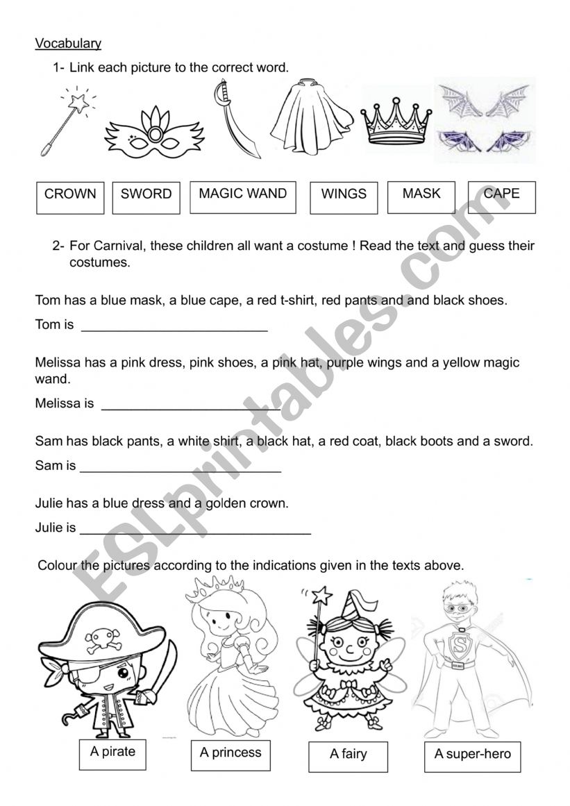 Carnival costumes worksheet