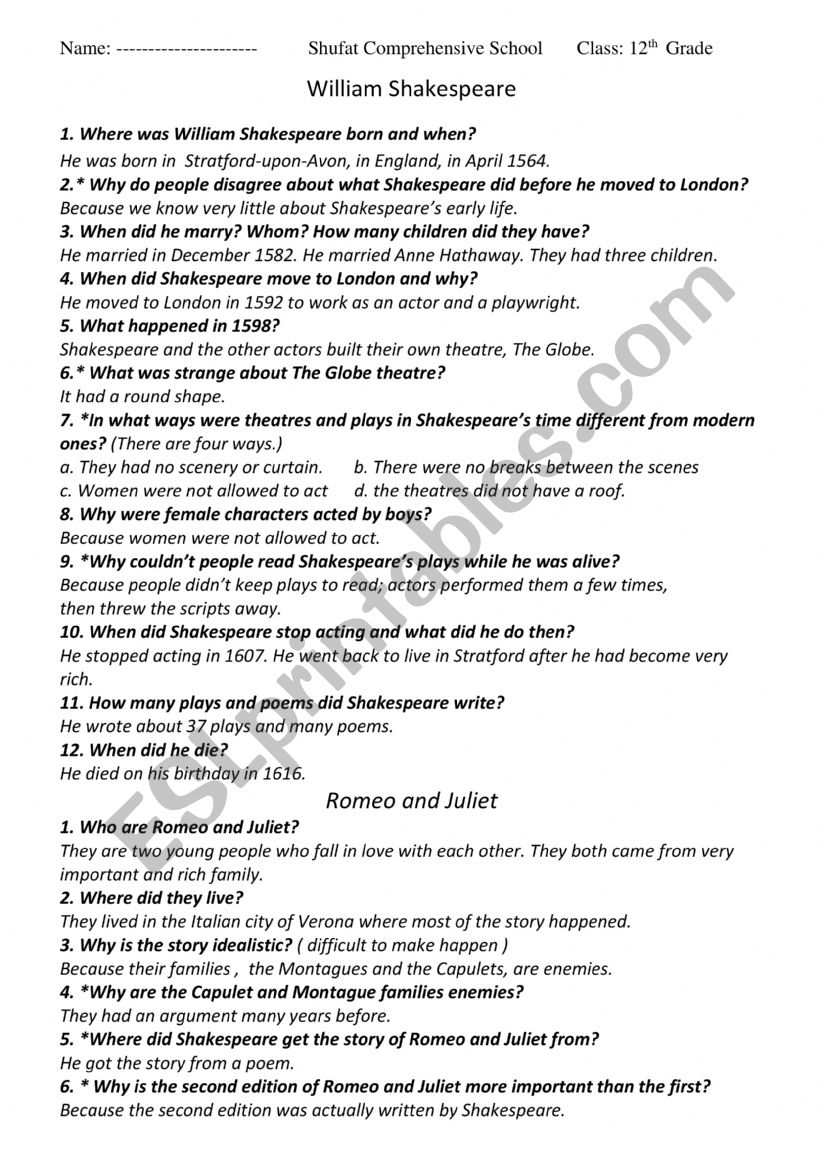 12 about william shakespeare worksheet