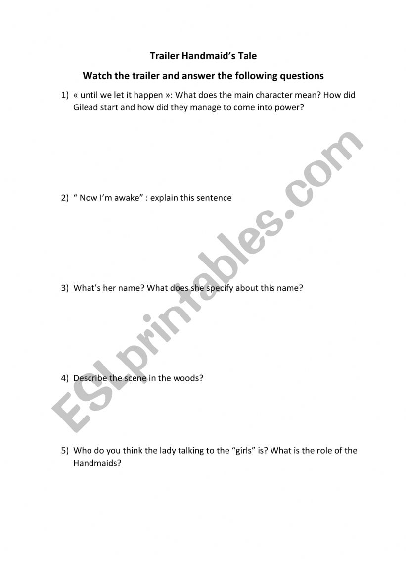 Handmaid�s Tale worksheet