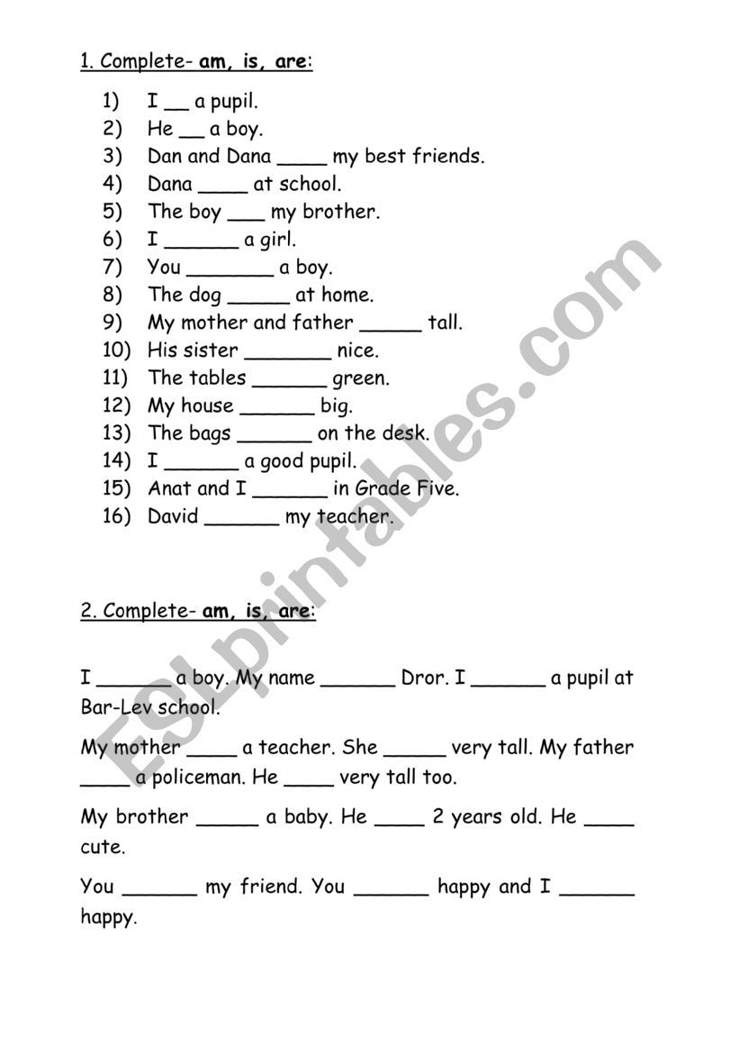 To be- complete- am, is, are worksheet