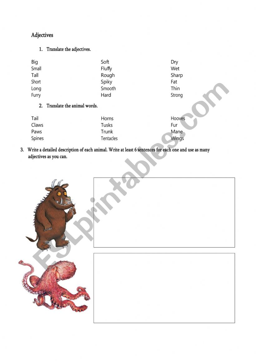 Adjectives for animals worksheet