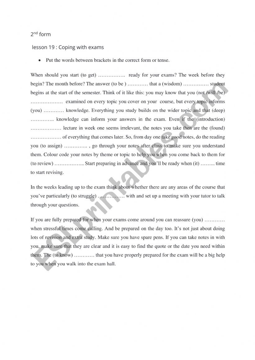 Lesson 19 :Coping with exams  worksheet