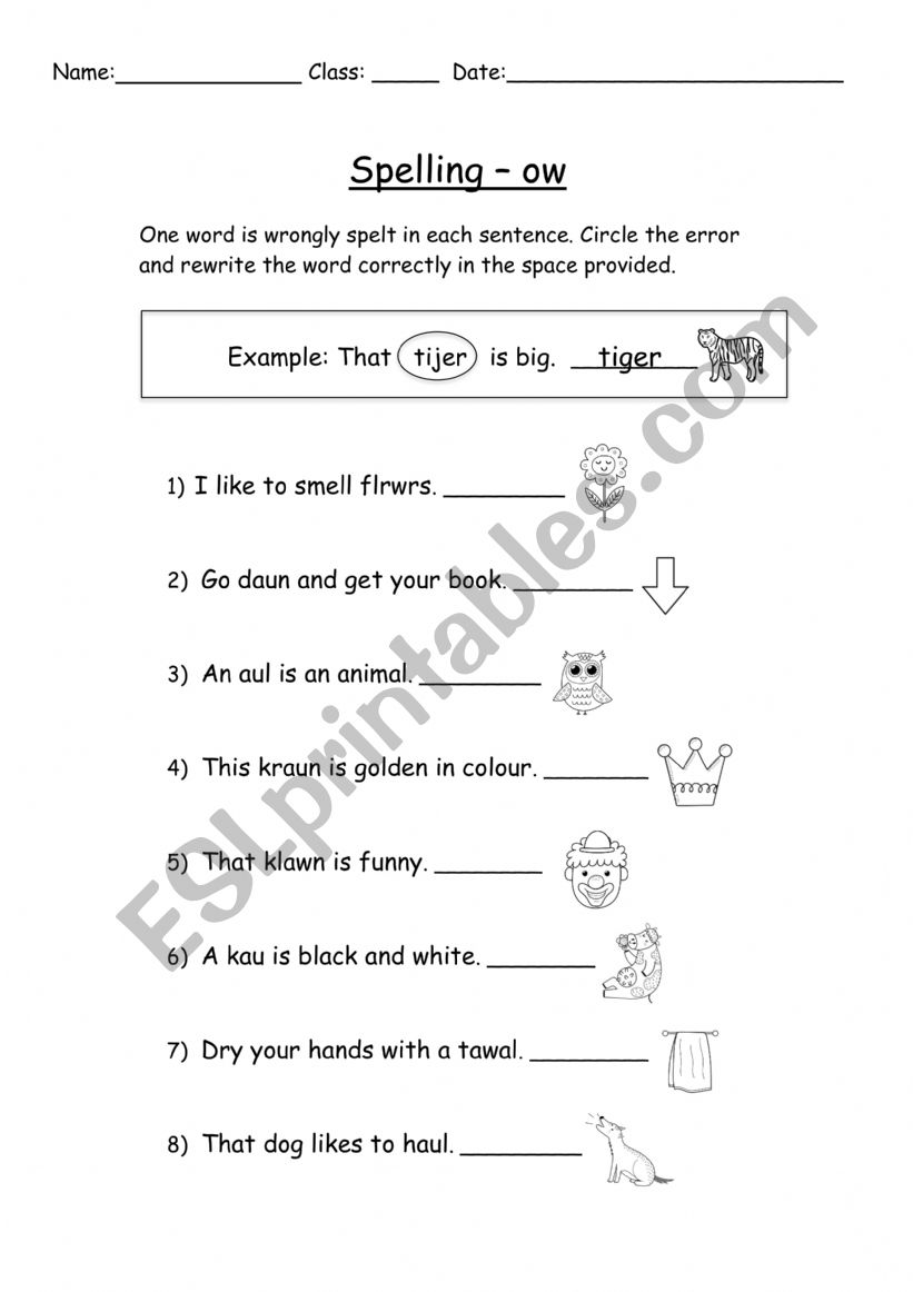 Spelling - ow (with visual cues) - ESL worksheet by iffahsaiful