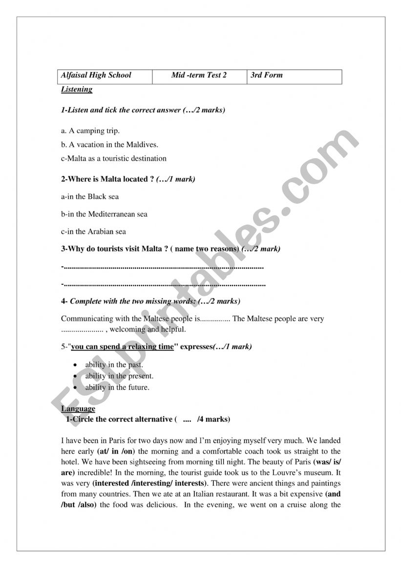 MID-TERM TEST 2 (3rd form) worksheet