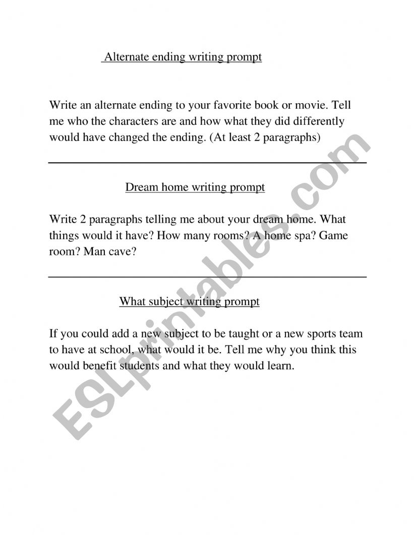 Writing prompts worksheet