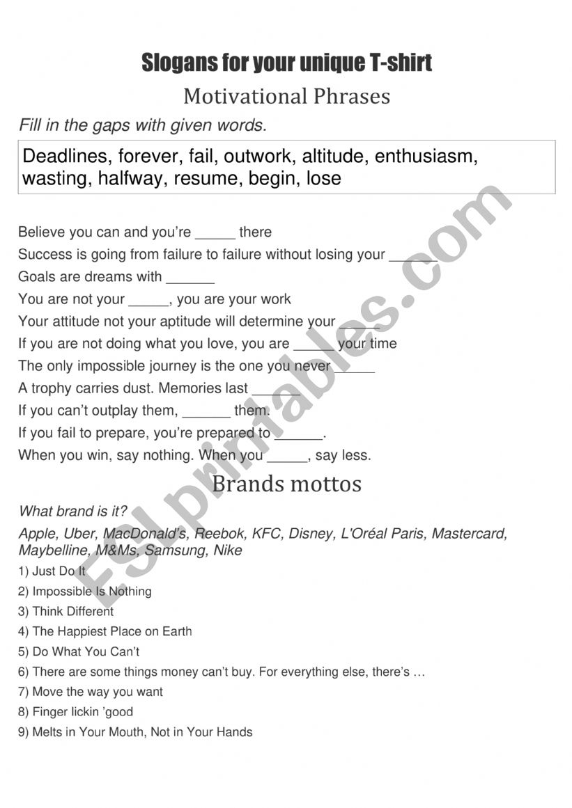 slogans worksheet