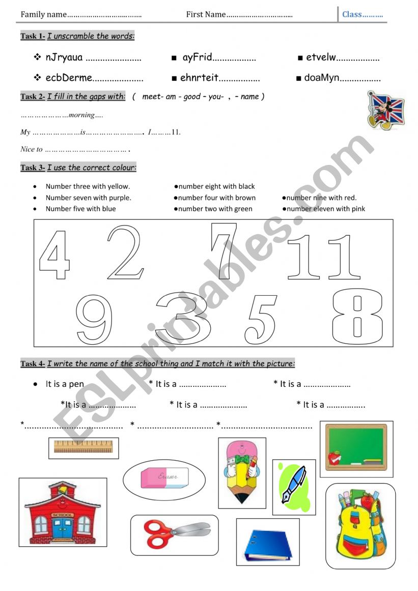 days, numbers and colours worksheet
