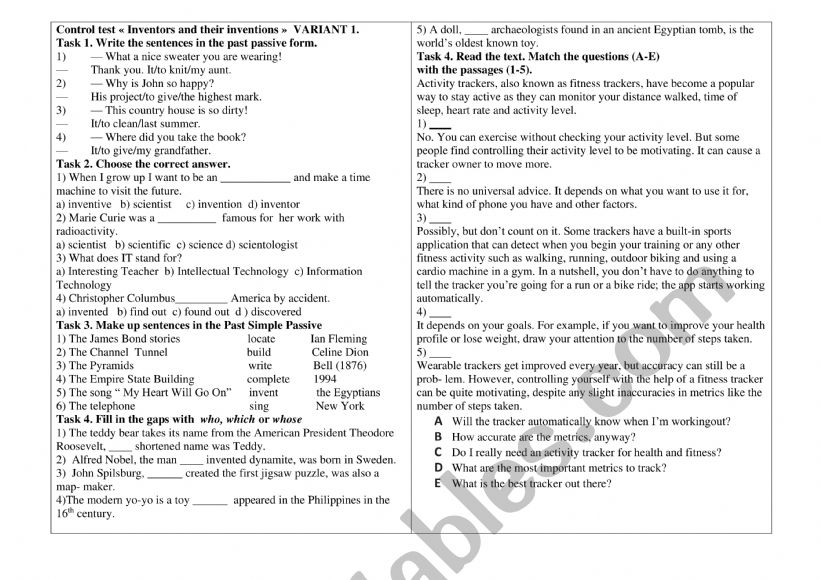 Inventions and Discoveries worksheet