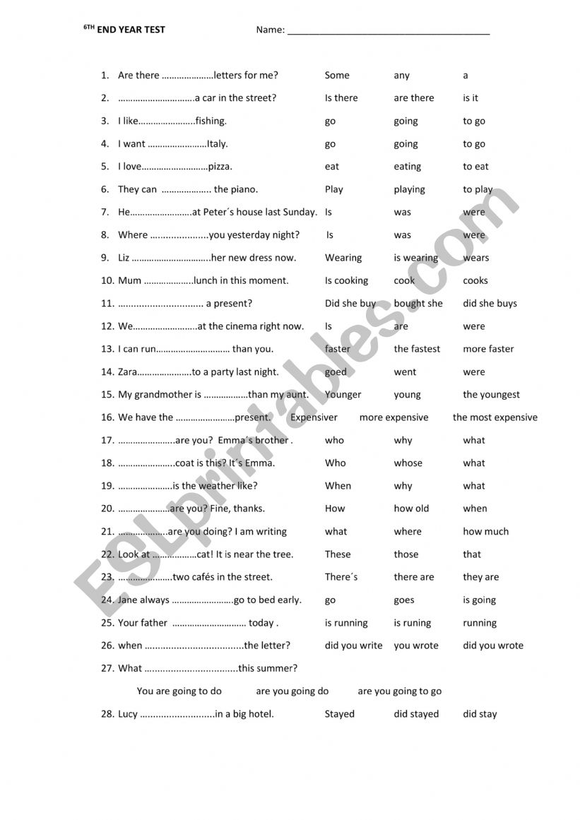 6th level revision exam worksheet