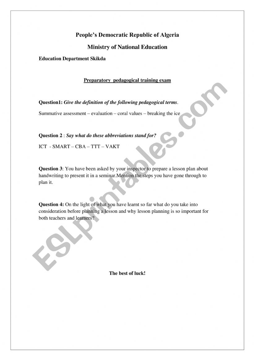 Training Exam worksheet