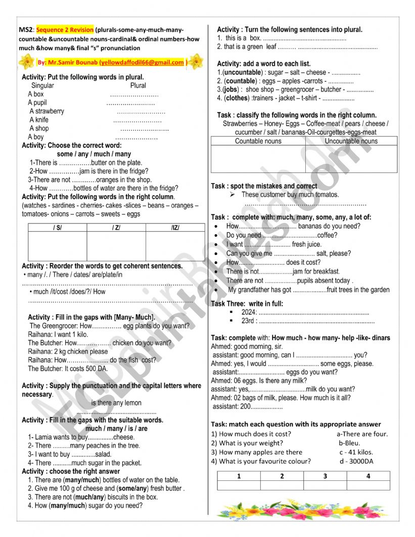 shopping  worksheet