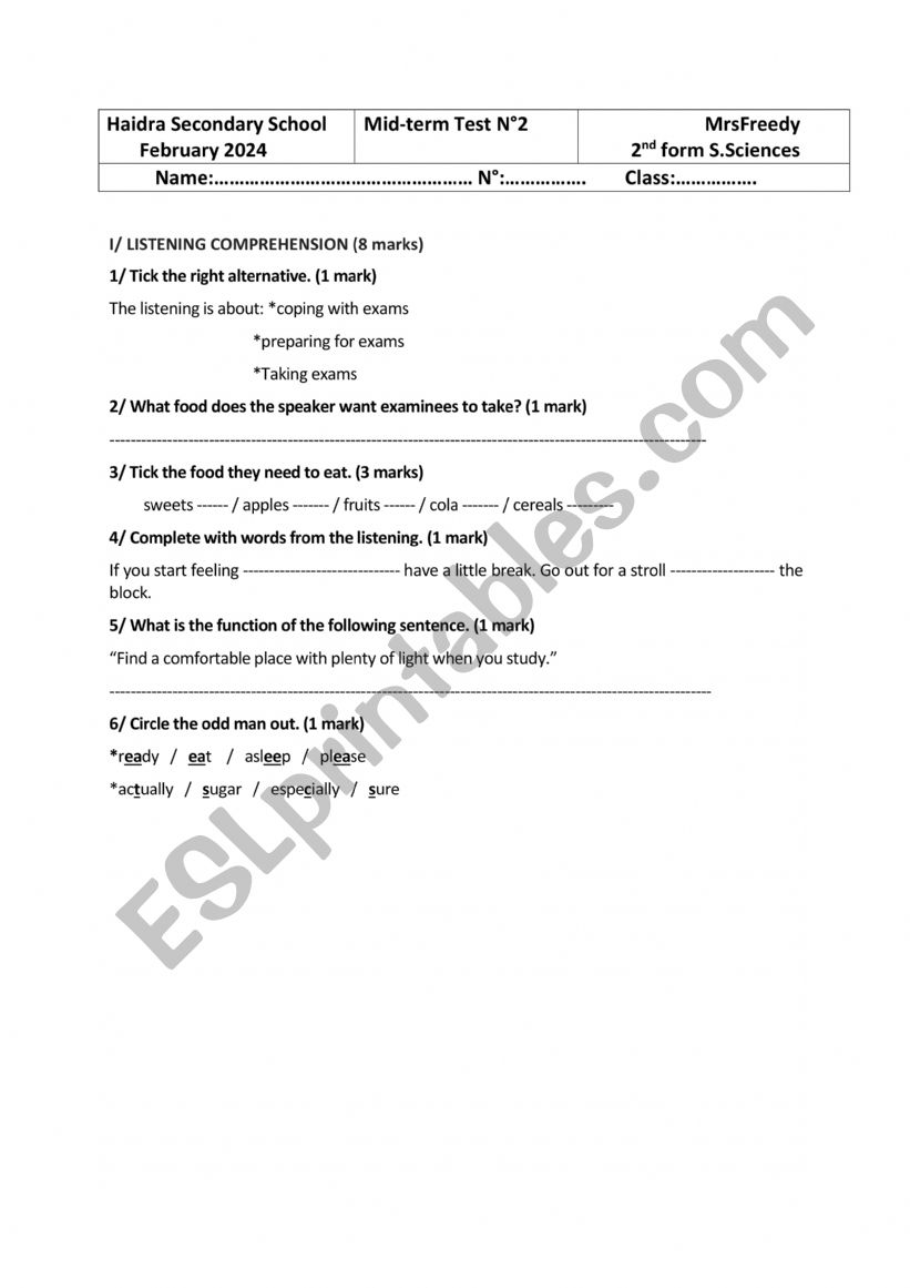 mid-term test 2 4th form worksheet