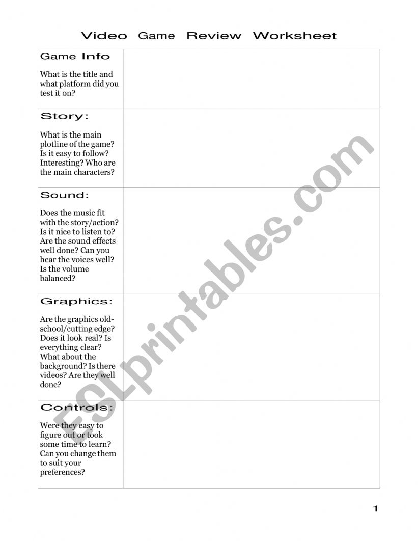 Game Review Worksheet worksheet