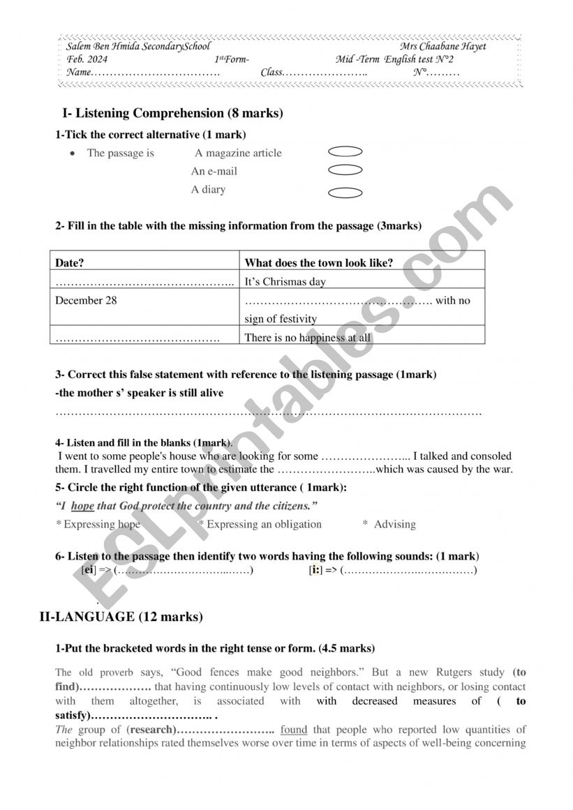 Mid term test n2-1st form worksheet