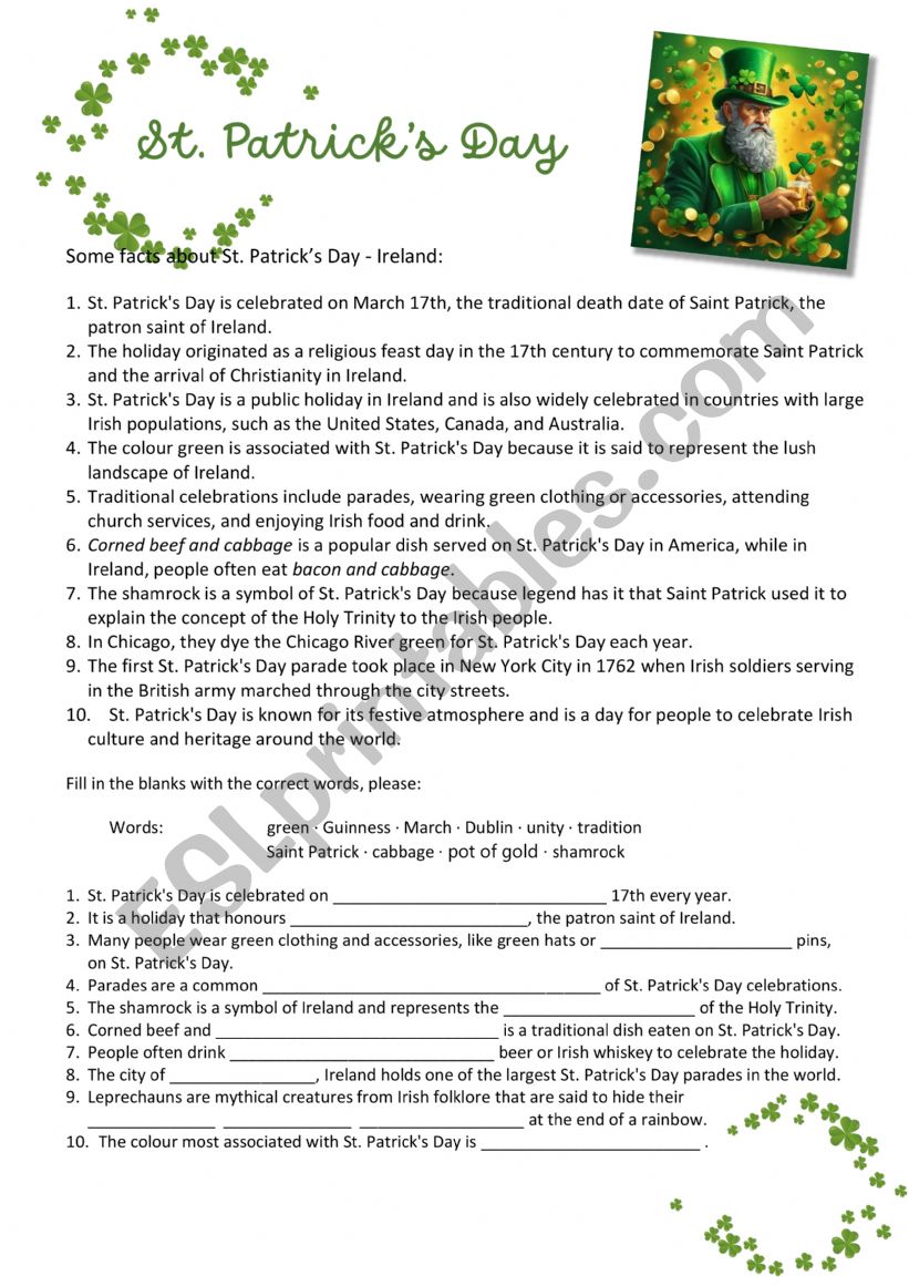 St. Patrick s Day - Holidays worksheet