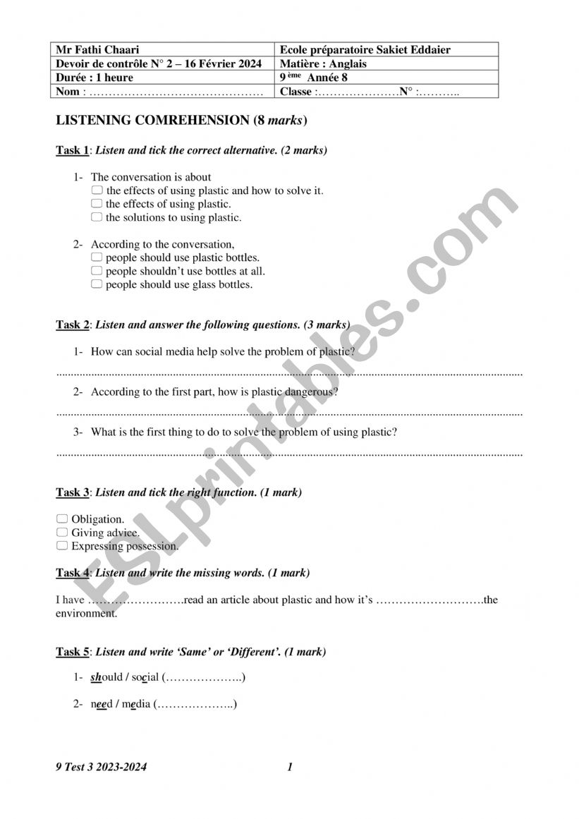 9 Mid Term 2 Test 20232024 ESL worksheet by Fathi 1