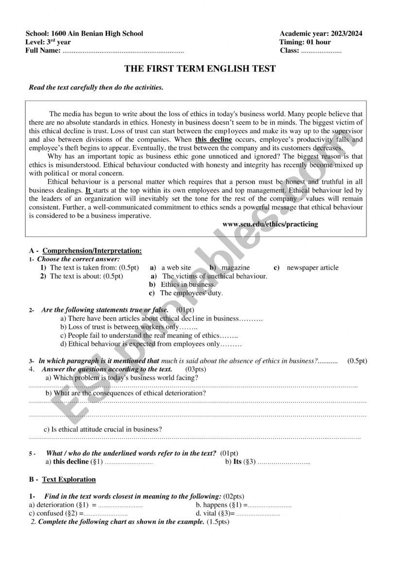 ethics worksheet