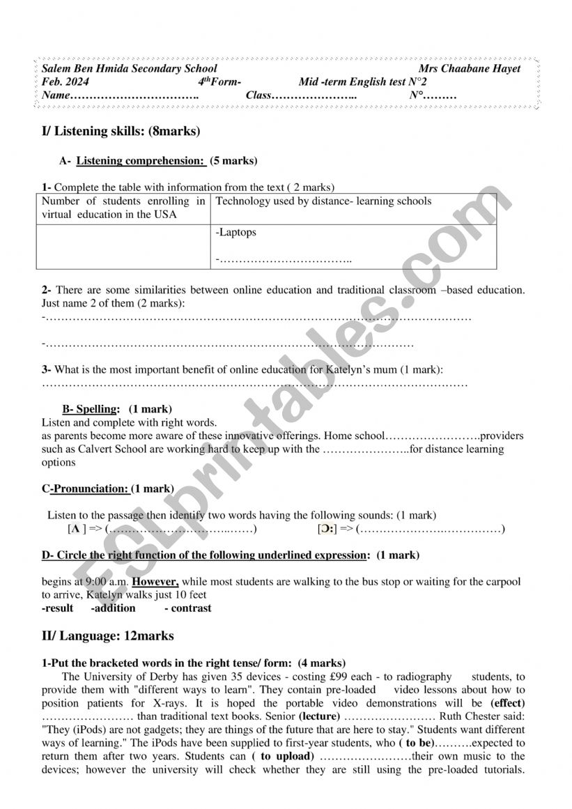 mid term test n2-4th form worksheet