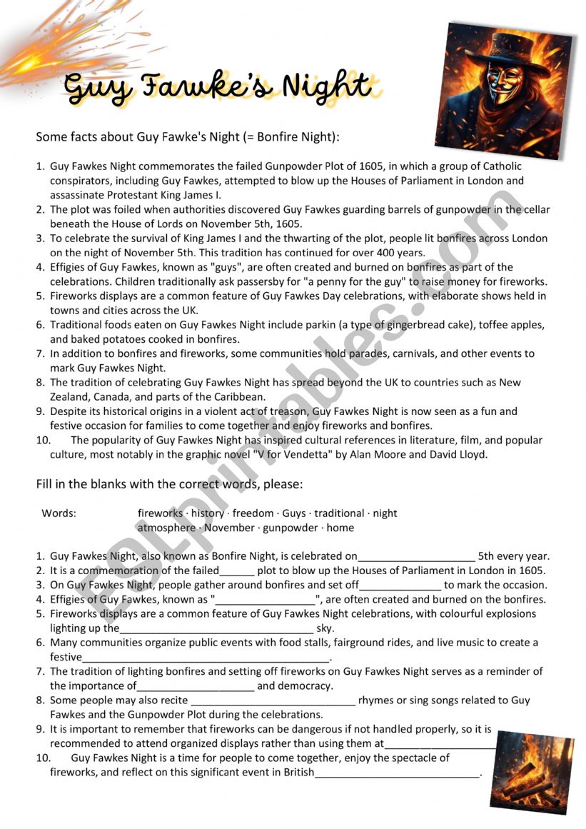 Guy Fawke s Night - Holidays worksheet