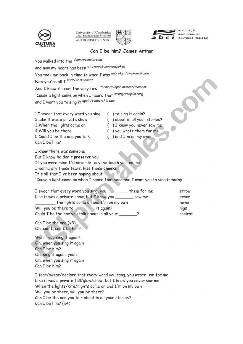 Can I be him song ESL worksheet by sachamedcraft