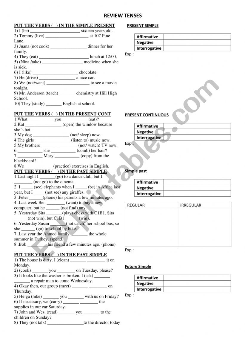 review tenses worksheet