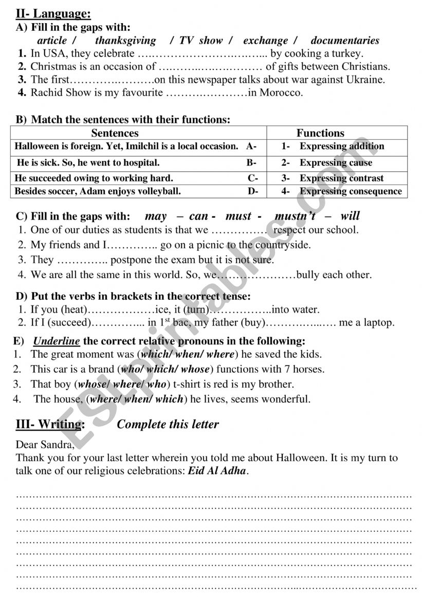 Vocabulary, functions and grammar