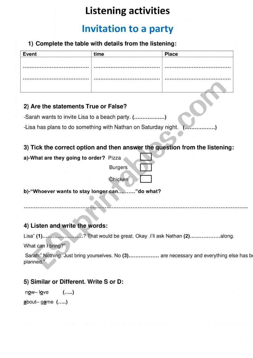 An Invitation to a party worksheet