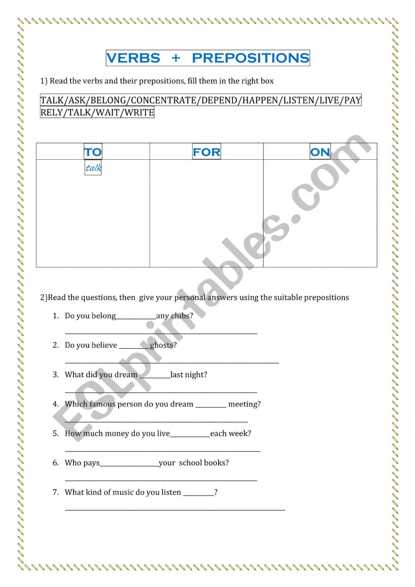 Verbs and prepositions worksheet