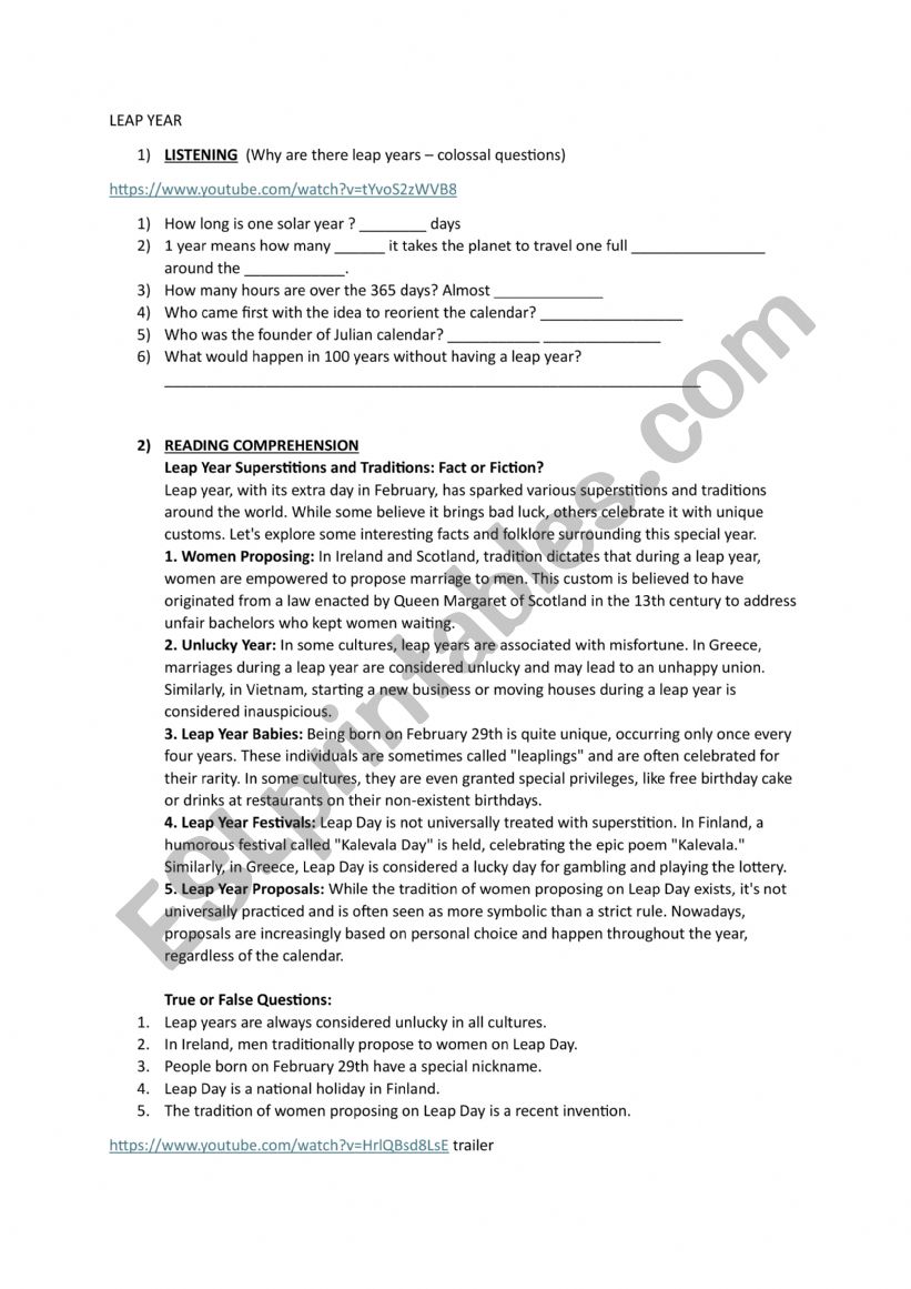 Leap year worksheet