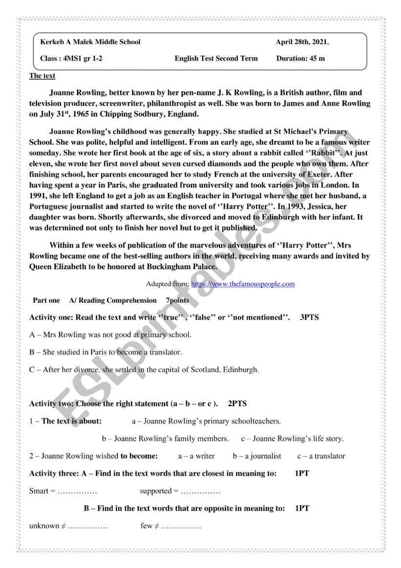 Joanne Rowling worksheet