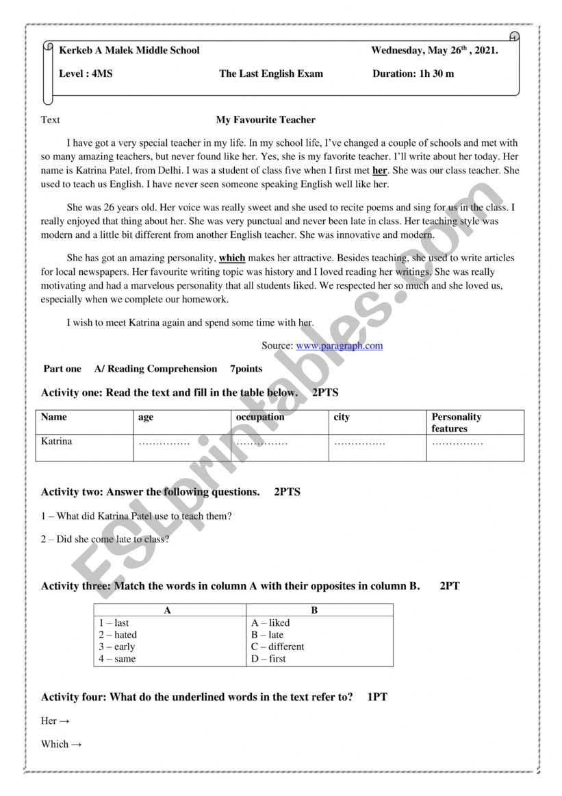 test worksheet