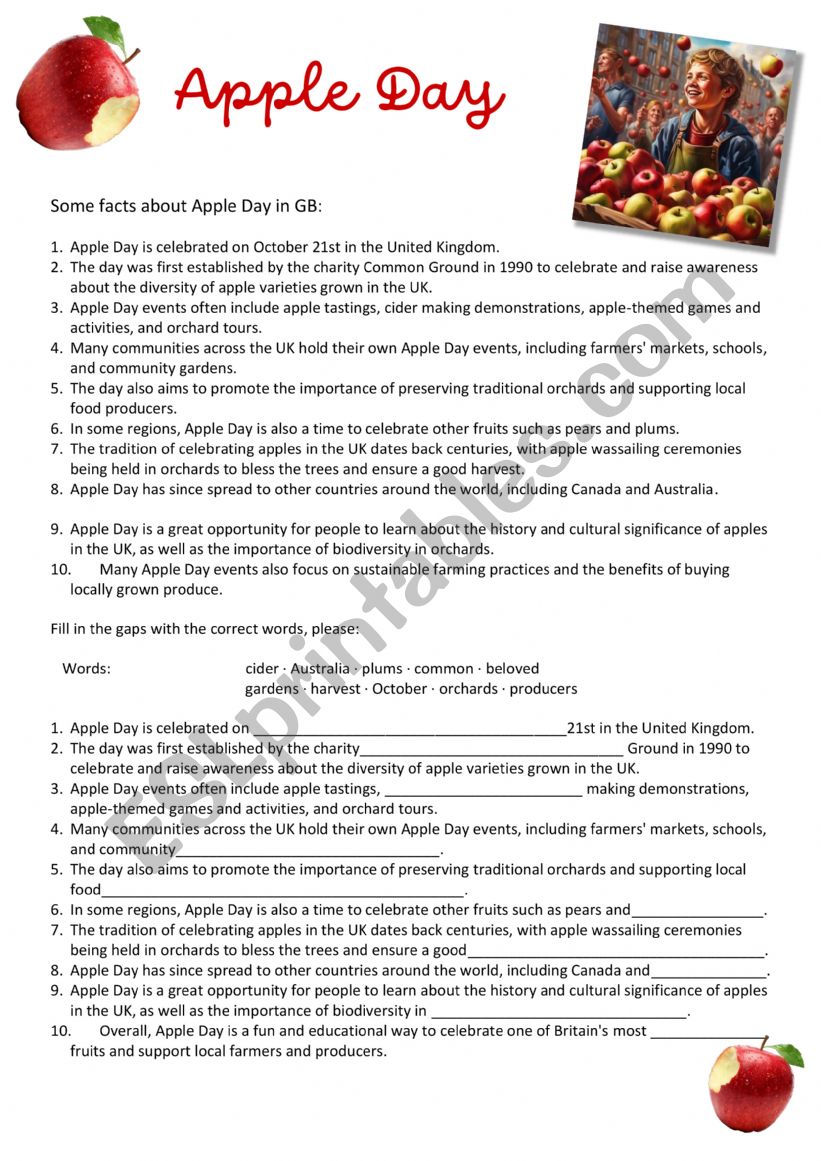 Apple Day - Special Days worksheet