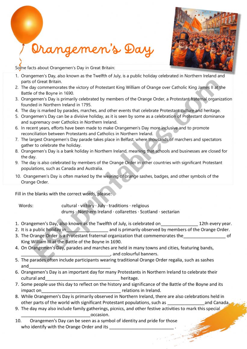 Orangemen s Day - Holidays worksheet