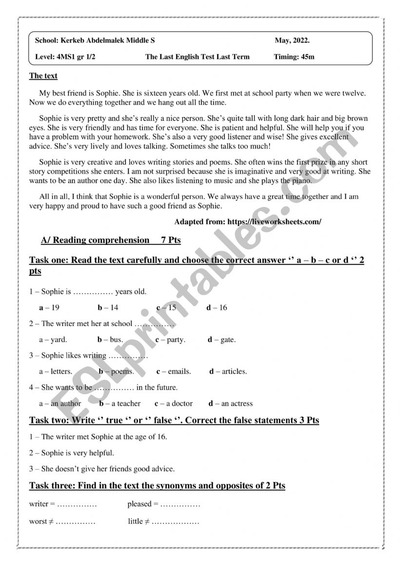 test worksheet