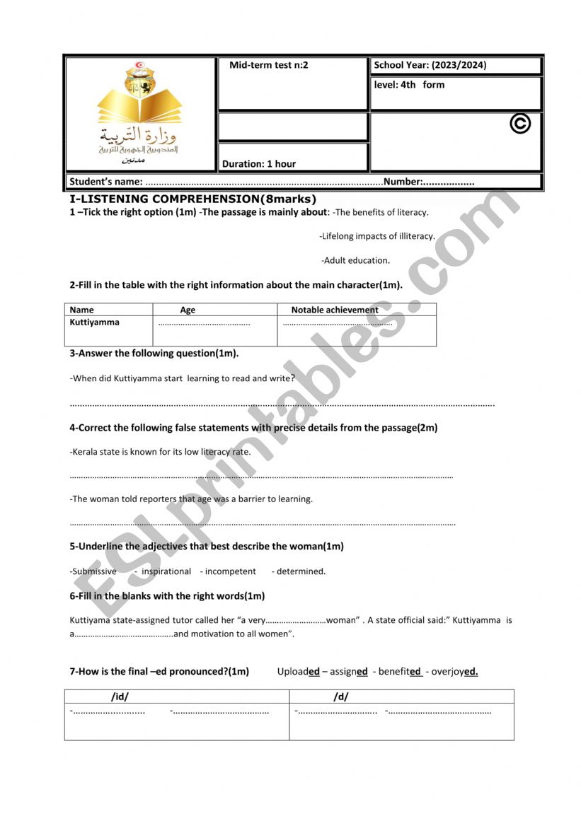 Mid-term test n:2 for 4th year students.