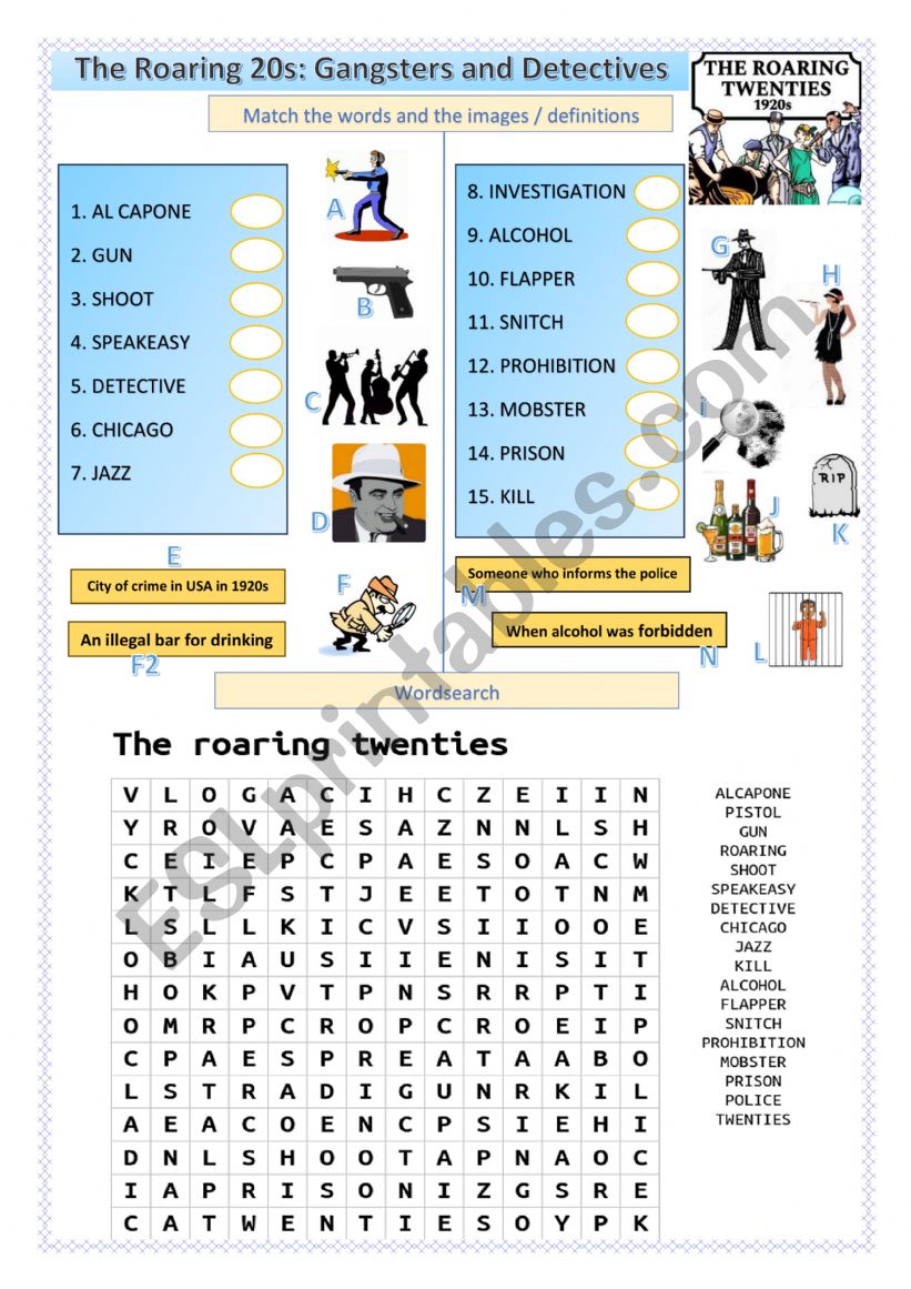 The Roaring twenties: match and learn vocabulary and culture + wordsearch