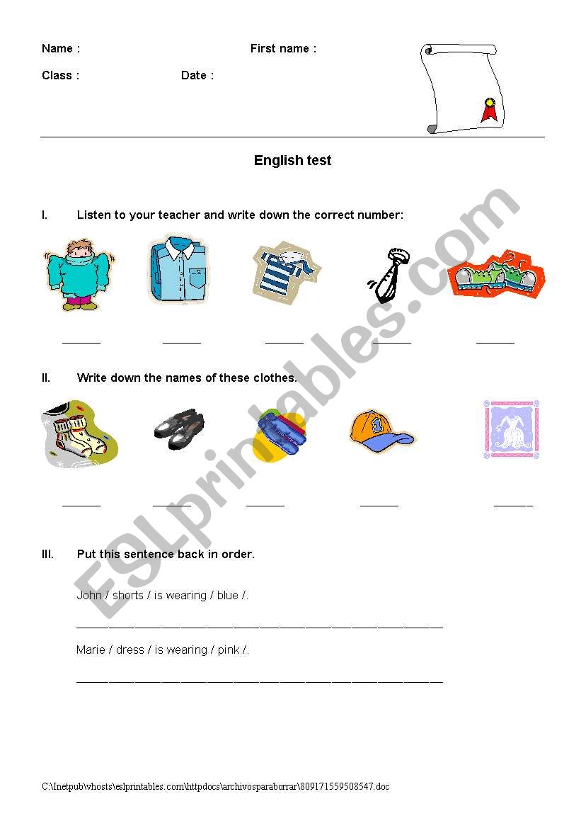 test on clothes worksheet