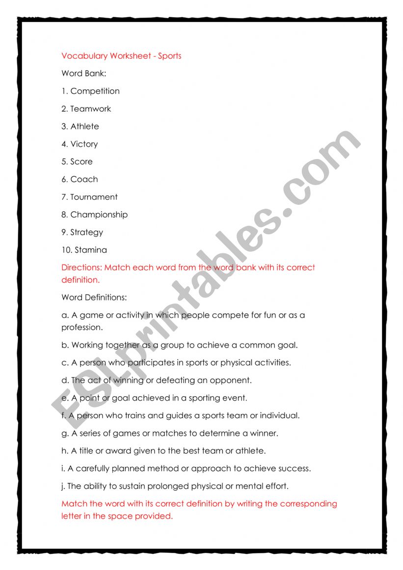 About Sports Vocabulary worksheet