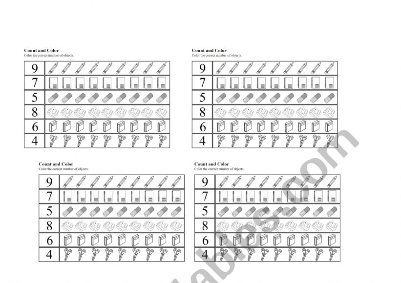 SCHOOL OBJECTS AND NUMBERS worksheet