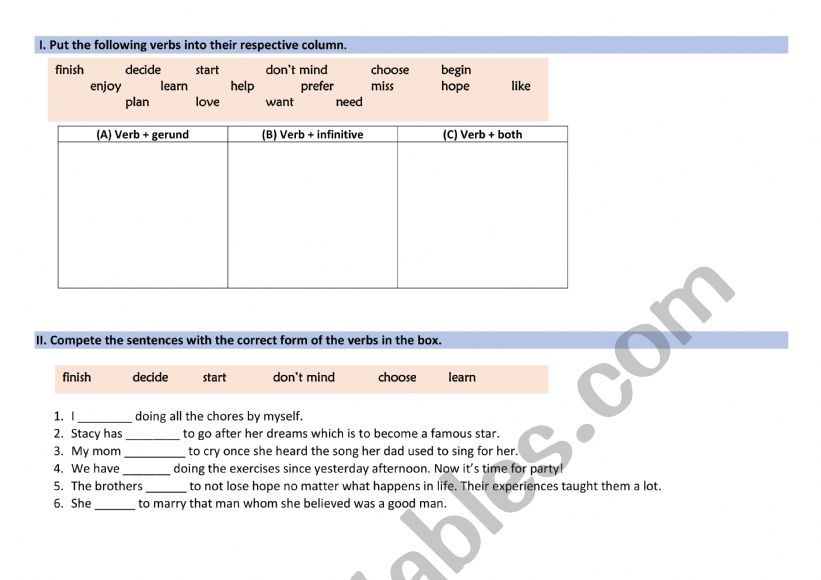 Gerund, infinitives worksheet worksheet