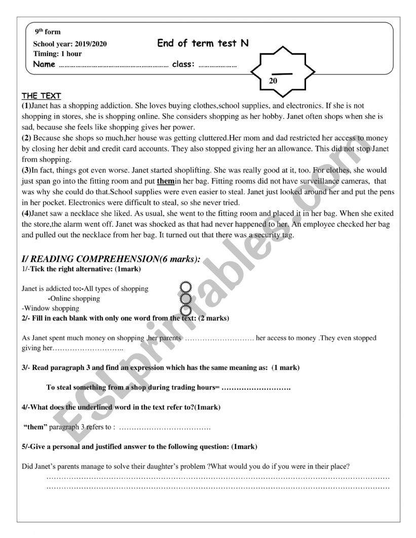 Full term test N 2 9th form worksheet