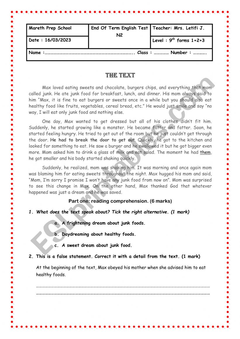 nineth form test worksheet