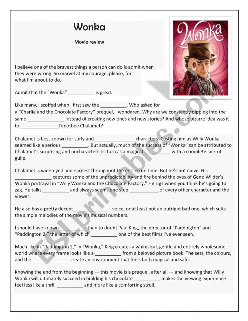 Wonka - cloze passage worksheet