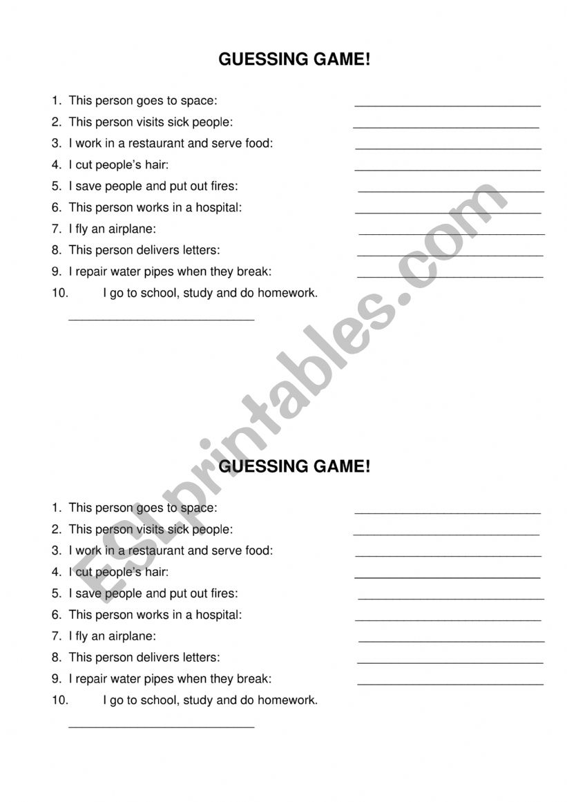 Jobs ESL Guessing game worksheet