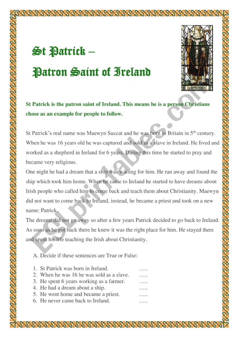 The Story of St Patrick worksheet